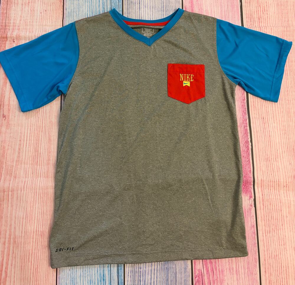 Nike Dri-Fit Boys V- Neck T-Shirt Gray, Blue & Red Colorblock, Size L (Youth)